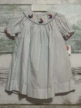 Petit Ami White Navy Dot Embroidered Sailboat Dress 12 Months